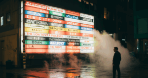 پوستری از بهترین فیلم‌های نئو-نوآر، شامل تصاویری با نورپردازی تاریک، سایه‌های عمیق و حال و هوای مرموز، نمایانگر ژانر نئو-نوآر