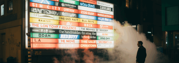 پوستری از بهترین فیلم‌های نئو-نوآر، شامل تصاویری با نورپردازی تاریک، سایه‌های عمیق و حال و هوای مرموز، نمایانگر ژانر نئو-نوآر