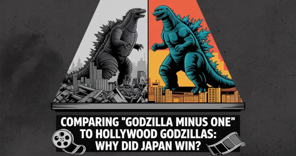 پوستر فیلم گودزیلا مینوس وان ژاپنی در مقایسه با گودزیلای هالیوودی، نمایش تفاوت کیفیت و داستان‌سرایی